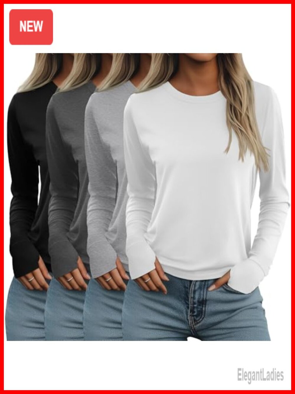 Womens Long Sleeve Thumb Hole Shirts Loose Fit Tunic Tops 4 Pack